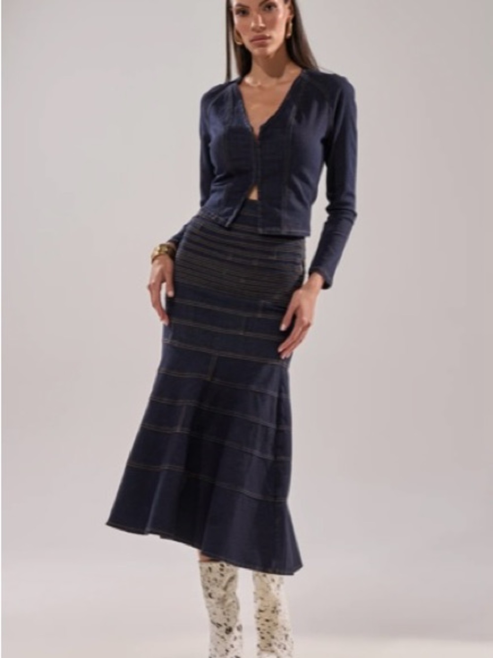 AKIRA Navy Tiered Maxi Skirt with Subtle Stitching